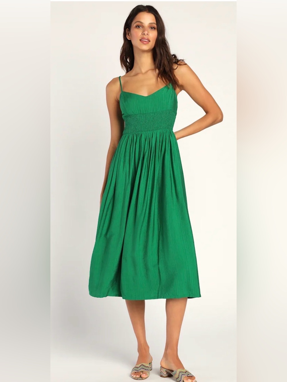 Lulus Full Heart Green Smocked Midi Dress with Pockets Size Small